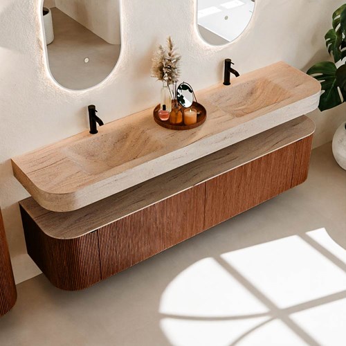 THOR-DLUX 200cm meubles de salle de bains courbe gauche + droite couleur Ruby avec 2 tiroirs et 2 portes. Lavabo suspendu CLOUD Double 2 trous robinetterie couleur Saba.-2