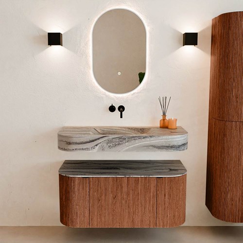 THOR-DLUX 100cm badmeubel ronding links + rechts kleur Ruby met 1 lade en 2 deuren. Vrijhangende wastafel CLOUD Midden zonder kraangat kleur Sombra.-3