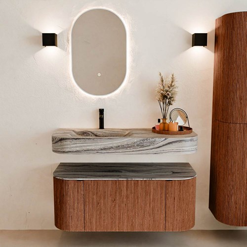 THOR-DLUX 110cm meubles de salle de bains courbe gauche + droite couleur Ruby avec 1 tiroir et 2 portes. Lavabo suspendu CLOUD Gauche 1 trou pour robinetter couleur Sombra.-3