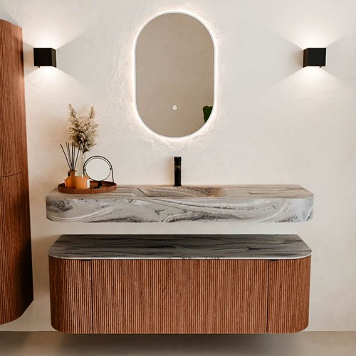 THOR-DLUX 140cm mueble de baño curva izquierda + derecha color Ruby con 1 cajón y 2 puertas. Lavabo suspendido CLOUD Centro 1 orificio color Sombra.-3