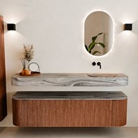 THOR-DLUX 170cm mueble de baño curva izquierda + derecha color Ruby con 1 cajón y 2 puertas. Lavabo suspendido CLOUD Derecho sin orificio color Sombra.-3