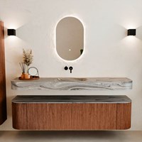 THOR-DLUX 180cm meubles de salle de bains courbe gauche + droite couleur Ruby avec 2 tiroirs et 2 portes. Lavabo suspendu CLOUD Centrée sans trou pour robinet couleur Sombra.-3