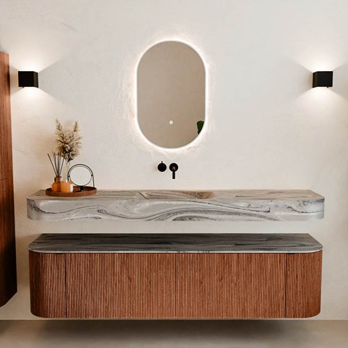 THOR-DLUX 180cm meubles de salle de bains courbe gauche + droite couleur Ruby avec 2 tiroirs et 2 portes. Lavabo suspendu CLOUD Centrée sans trou pour robinet couleur Sombra.-3