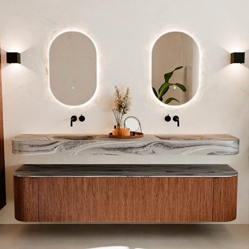 THOR-DLUX 200cm meubles de salle de bains courbe gauche + droite couleur Ruby avec 2 tiroirs et 2 portes. Lavabo suspendu CLOUD Double sans trou pour robinet couleur Sombra.-3