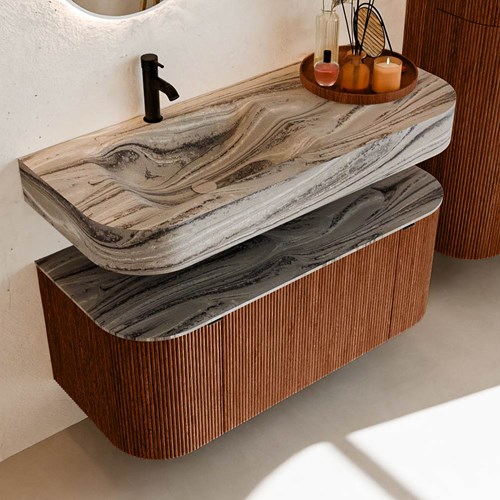 THOR-DLUX 110cm meubles de salle de bains courbe gauche + droite couleur Ruby avec 1 tiroir et 2 portes. Lavabo suspendu CLOUD Gauche 1 trou pour robinetter couleur Sombra.-2