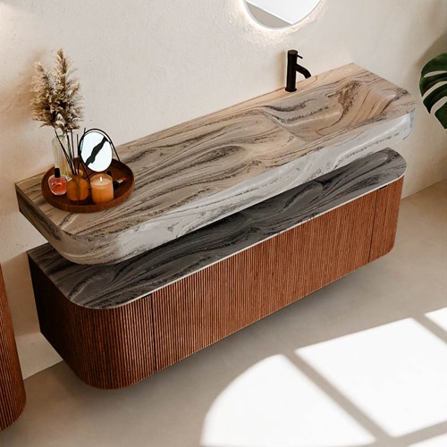 THOR-DLUX 160cm meubles de salle de bains courbe gauche + droite couleur Ruby avec 1 tiroir et 2 portes. Lavabo suspendu CLOUD Droite 1 trou pour robinetter couleur Sombra.-2