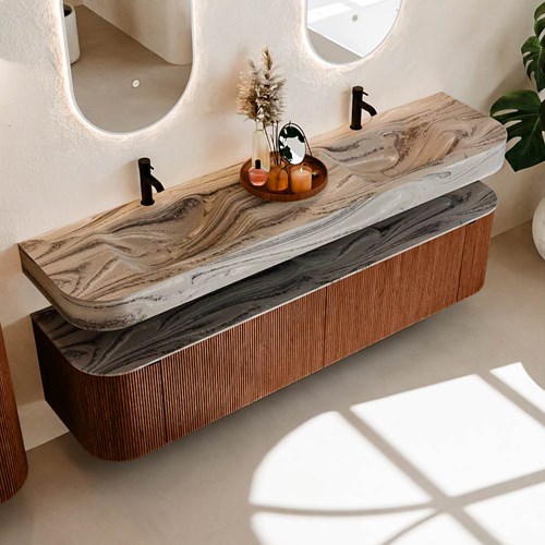 THOR-DLUX 190cm meubles de salle de bains courbe gauche + droite couleur Ruby avec 2 tiroirs et 2 portes. Lavabo suspendu CLOUD Double 2 trous robinetterie couleur Sombra.-2