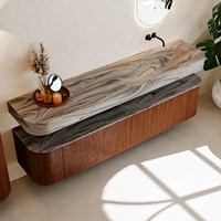 THOR-DLUX 200cm meubles de salle de bains courbe gauche + droite couleur Ruby avec 2 tiroirs et 2 portes. Lavabo suspendu CLOUD Droite sans trou pour robinet couleur Sombra.-2