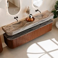 THOR-DLUX 200cm meubles de salle de bains courbe gauche + droite couleur Ruby avec 2 tiroirs et 2 portes. Lavabo suspendu CLOUD Double sans trou pour robinet couleur Sombra.-2