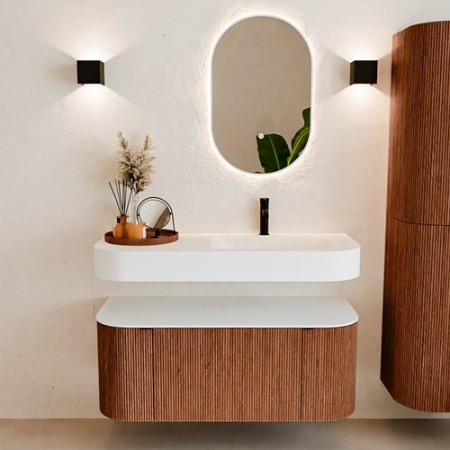 THOR 110cm bathroom vanity set curve left + right color Ruby with 1 drawer and 2 doors. Floating sink CLOUD Right 1 tab hole color Talc.-3