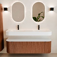 THOR 150cm mueble de baño curva izquierda + derecha color Ruby con 1 cajón y 2 puertas. Lavabo suspendido CLOUD Doble 2 orificios color Talc.-3