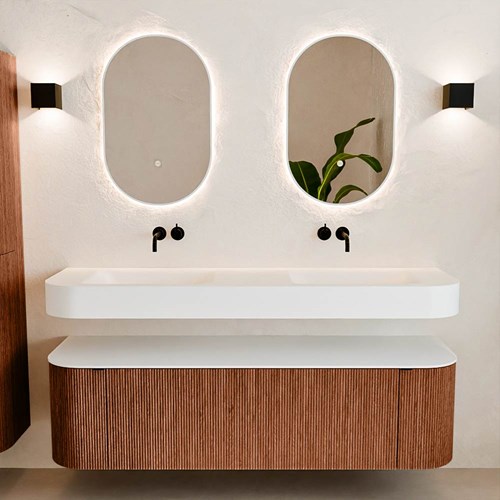 THOR 160cm mueble de baño curva izquierda + derecha color Ruby con 1 cajón y 2 puertas. Lavabo suspendido CLOUD Doble sin orificio color Talc.-3