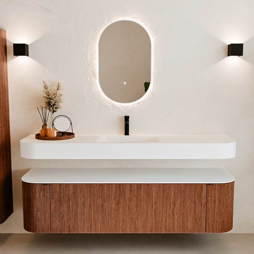 THOR 170cm meubles de salle de bains courbe gauche + droite couleur Ruby avec 1 tiroir et 2 portes. Lavabo suspendu CLOUD Centrée 1 trou pour robinetter couleur Talc.-3