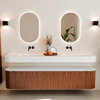THOR 200cm mueble de baño curva izquierda + derecha color Ruby con 2 cajones y 2 puertas. Lavabo suspendido CLOUD Doble sin orificio color Talc.-3