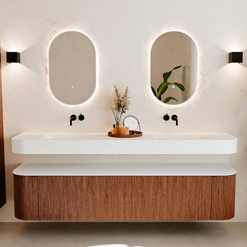 THOR 200cm mueble de baño curva izquierda + derecha color Ruby con 2 cajones y 2 puertas. Lavabo suspendido CLOUD Doble sin orificio color Talc.-3