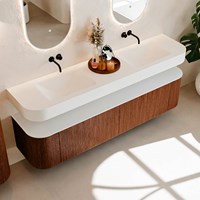 THOR 190cm mueble de baño curva izquierda + derecha color Ruby con 2 cajones y 2 puertas. Lavabo suspendido CLOUD Doble sin orificio color Talc.-2