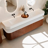 THOR 200cm mueble de baño curva izquierda + derecha color Ruby con 2 cajones y 2 puertas. Lavabo suspendido CLOUD Doble sin orificio color Talc.-2