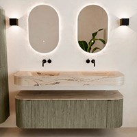 THOR-DLUX 150cm meubles de salle de bains courbe gauche + droite couleur Shadow avec 1 tiroir et 2 portes. Lavabo suspendu CLOUD Double sans trou pour robinet couleur Arena.-3