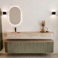 THOR-DLUX 180cm mueble de baño curva izquierda + derecha color Shadow con 2 cajones y 2 puertas. Lavabo suspendido CLOUD Izquierda 1 orificio color Arena.-3
