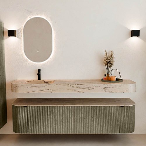THOR-DLUX 180cm mueble de baño curva izquierda + derecha color Shadow con 2 cajones y 2 puertas. Lavabo suspendido CLOUD Izquierda 1 orificio color Arena.-3