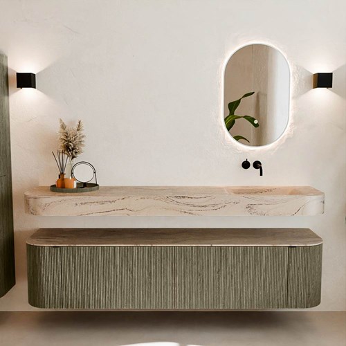 THOR-DLUX 190cm bathroom vanity set curve left + right color Shadow with 2 drawers and 2 doors. Wall mounted sink CLOUD Right without tab hole color Arena.-3