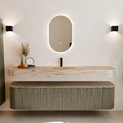 THOR-DLUX 190cm meubles de salle de bains courbe gauche + droite couleur Shadow avec 2 tiroirs et 2 portes. Lavabo suspendu CLOUD Centrée 1 trou pour robinetter couleur Arena.-3