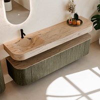 THOR-DLUX 180cm mueble de baño curva izquierda + derecha color Shadow con 2 cajones y 2 puertas. Lavabo suspendido CLOUD Izquierda 1 orificio color Arena.-2