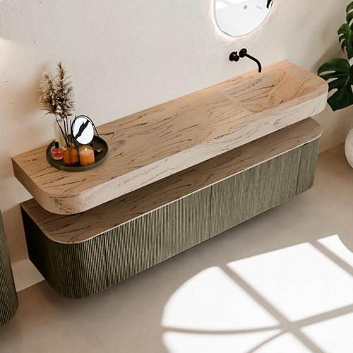 THOR-DLUX 190cm bathroom vanity set curve left + right color Shadow with 2 drawers and 2 doors. Wall mounted sink CLOUD Right without tab hole color Arena.-2