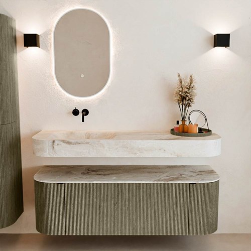 THOR-DLUX 140cm mueble de baño curva izquierda + derecha color Shadow con 1 cajón y 2 puertas. Lavabo suspendido CLOUD Izquierda sin orificio color Frappe.-3