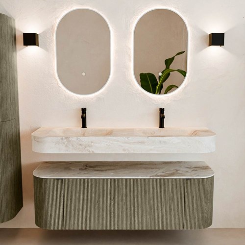 THOR-DLUX 140cm meubles de salle de bains courbe gauche + droite couleur Shadow avec 1 tiroir et 2 portes. Lavabo suspendu CLOUD Double 2 trous robinetterie couleur Frappe.-3