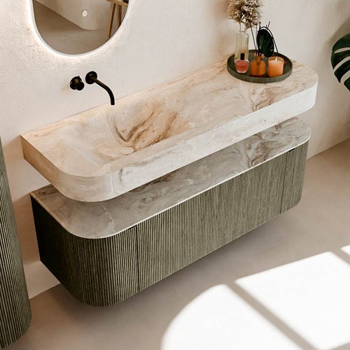 THOR-DLUX 140cm mueble de baño curva izquierda + derecha color Shadow con 1 cajón y 2 puertas. Lavabo suspendido CLOUD Izquierda sin orificio color Frappe.-2