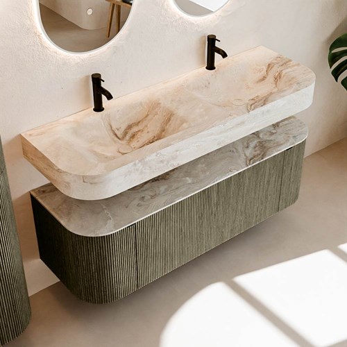 THOR-DLUX 140cm meubles de salle de bains courbe gauche + droite couleur Shadow avec 1 tiroir et 2 portes. Lavabo suspendu CLOUD Double 2 trous robinetterie couleur Frappe.-2