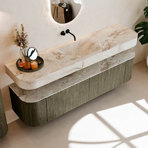THOR-DLUX 180cm meubles de salle de bains courbe gauche + droite couleur Shadow avec 2 tiroirs et 2 portes. Lavabo suspendu CLOUD Centrée sans trou pour robinet couleur Frappe.-2