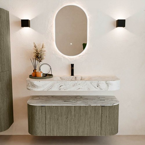 THOR-DLUX 120cm badmeubel ronding links + rechts kleur Shadow met 1 lade en 2 deuren. Vrijhangende wastafel CLOUD Midden 1 kraangat kleur Glace.-3
