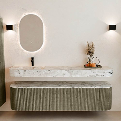 THOR-DLUX 180cm mueble de baño curva izquierda + derecha color Shadow con 2 cajones y 2 puertas. Lavabo suspendido CLOUD Izquierda 1 orificio color Glace.-3