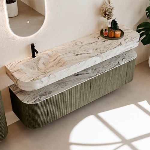 THOR-DLUX 180cm mueble de baño curva izquierda + derecha color Shadow con 2 cajones y 2 puertas. Lavabo suspendido CLOUD Izquierda 1 orificio color Glace.-2