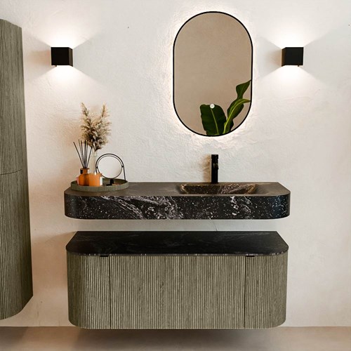 THOR-DLUX 120cm mueble de baño curva izquierda + derecha color Shadow con 1 cajón y 2 puertas. Lavabo suspendido CLOUD Derecho 1 orificio color Lava.-3