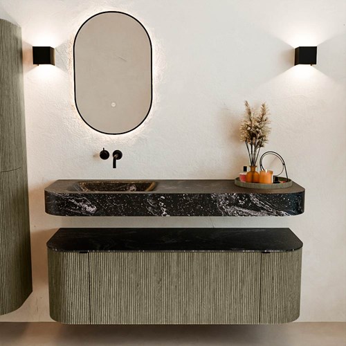 THOR-DLUX 140cm mueble de baño curva izquierda + derecha color Shadow con 1 cajón y 2 puertas. Lavabo suspendido CLOUD Izquierda sin orificio color Lava.-3