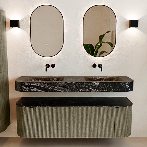 THOR-DLUX 150cm badmeubel ronding links + rechts kleur Shadow met 1 lade en 2 deuren. Vrijhangende wastafel CLOUD Dubbel zonder kraangat kleur Lava.-3