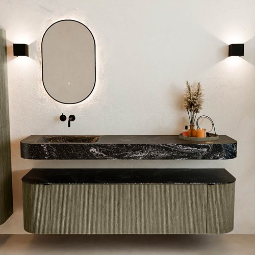 THOR-DLUX 170cm mueble de baño curva izquierda + derecha color Shadow con 1 cajón y 2 puertas. Lavabo suspendido CLOUD Izquierda sin orificio color Lava.-3