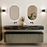 THOR-DLUX 180cm mueble de baño curva izquierda + derecha color Shadow con 2 cajones y 2 puertas. Lavabo suspendido CLOUD Doble sin orificio color Lava.-3