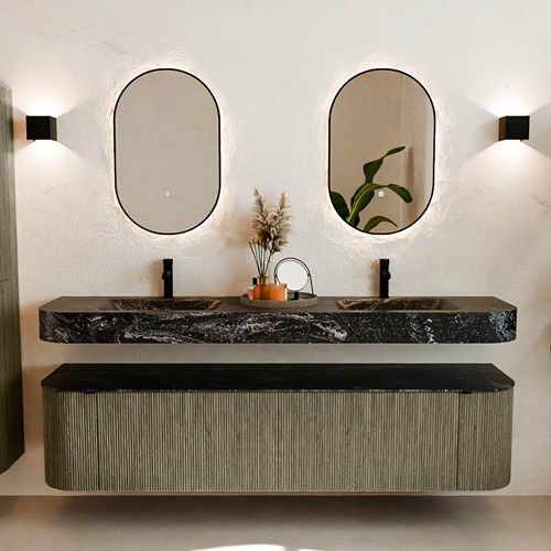 THOR-DLUX 190cm mueble de baño curva izquierda + derecha color Shadow con 2 cajones y 2 puertas. Lavabo suspendido CLOUD Doble 2 orificios color Lava.-3