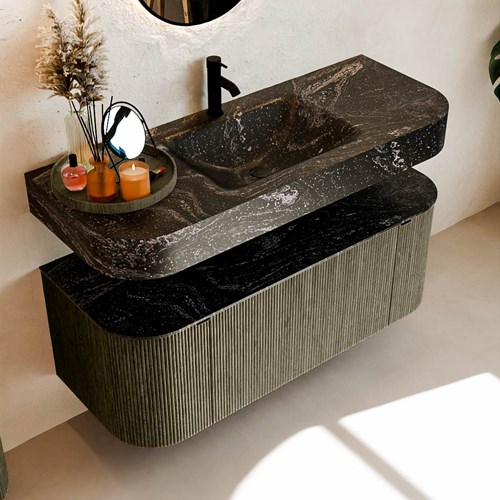 THOR-DLUX 120cm bathroom vanity set curve left + right color Shadow with 1 drawer and 2 doors. Floating sink CLOUD Center 1 tab hole color Lava.-2