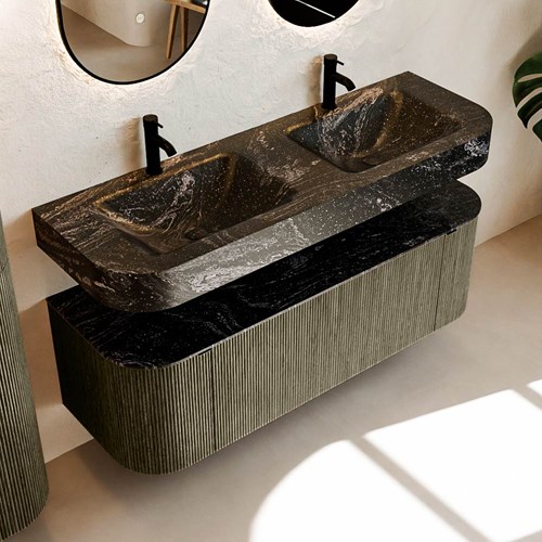 THOR-DLUX 140cm mueble de baño curva izquierda + derecha color Shadow con 1 cajón y 2 puertas. Lavabo suspendido CLOUD Doble 2 orificios color Lava.-2