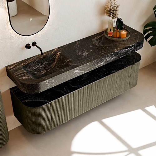 THOR-DLUX 170cm mueble de baño curva izquierda + derecha color Shadow con 1 cajón y 2 puertas. Lavabo suspendido CLOUD Izquierda sin orificio color Lava.-2