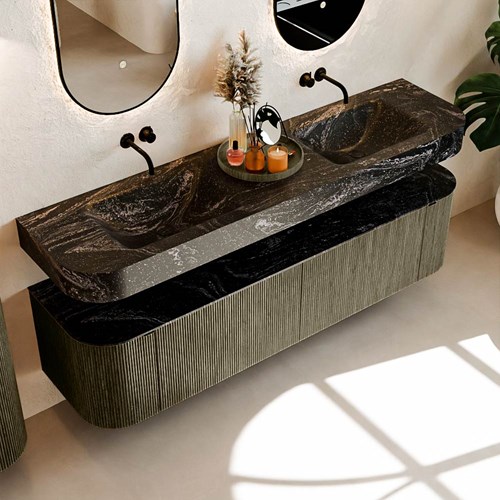 THOR-DLUX 180cm mueble de baño curva izquierda + derecha color Shadow con 2 cajones y 2 puertas. Lavabo suspendido CLOUD Doble sin orificio color Lava.-2