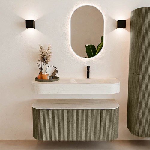 THOR-DLUX 110cm mueble de baño curva izquierda + derecha color Shadow con 1 cajón y 2 puertas. Lavabo suspendido CLOUD Derecho 1 orificio color Meli.-3