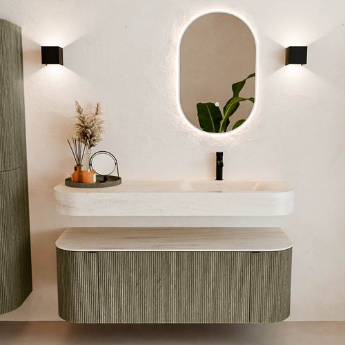 THOR-DLUX 130cm meubles de salle de bains courbe gauche + droite couleur Shadow avec 1 tiroir et 2 portes. Lavabo suspendu CLOUD Droite 1 trou pour robinetter couleur Meli.-3