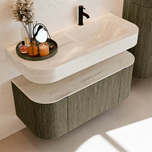 THOR-DLUX 110cm mueble de baño curva izquierda + derecha color Shadow con 1 cajón y 2 puertas. Lavabo suspendido CLOUD Derecho 1 orificio color Meli.-2