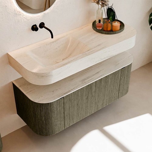 THOR-DLUX 120cm bathroom vanity set curve left + right color Shadow with 1 drawer and 2 doors. Wall mounted sink CLOUD Left without tab hole color Meli.-2